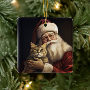 Ornement En Céramique Chat Bengal avec le Père Noël Fête de Noël