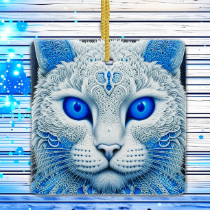 Ornement En Céramique Chat blanc éthéré aux yeux bleus Noël