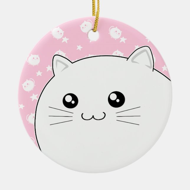 Ornement En Céramique Chat blanc mignon de minou de Kawaii (Devant)