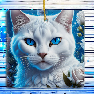 Ornement En Céramique Chat blanc mystique aux yeux bleus Noël