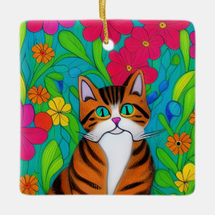 Ornement En Céramique Chat d'art IA avec fleurs fantaisistes Noël