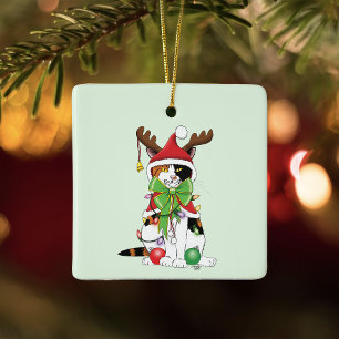 Ornement En Céramique Chat de Noël calicot vert festif et drôle