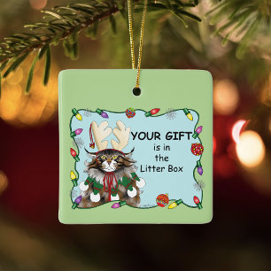 Ornement En Céramique Chat de Noël impertinent Humour Maine Coon Vert D