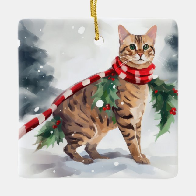 Ornement En Céramique Chat du Bengale à Noël de neige (Devant)