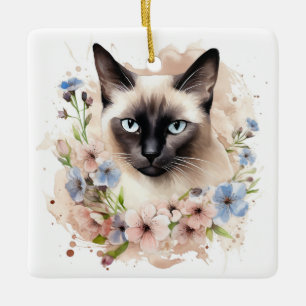 Ornement En Céramique Chat Et Fleurs Siamois Aquarelle