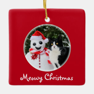 Ornement En Céramique Chat et Père Noël Snowman Noël drôle Meowy -