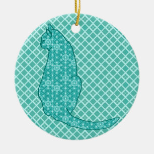 Ornement En Céramique Chat japonais - Kimono turquoise
