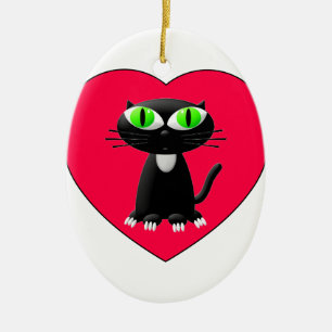 Ornement En Céramique Chat noir dans le coeur rouge