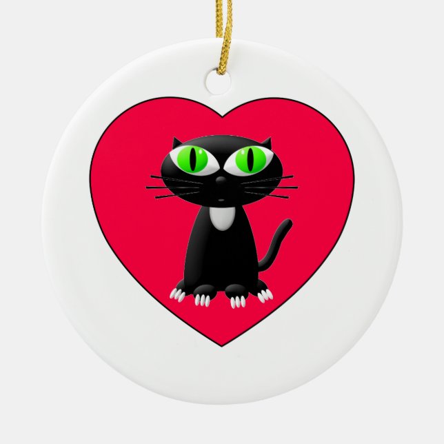 Ornement En Céramique Chat noir dans le coeur rouge (Devant)