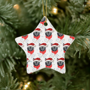 Ornement En Céramique Chat noir de Noël avec écharpe rouge