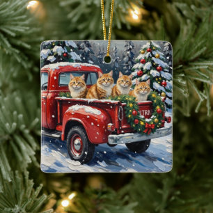 Ornement En Céramique Chat Persan Camion Rouge Noël Fêtes