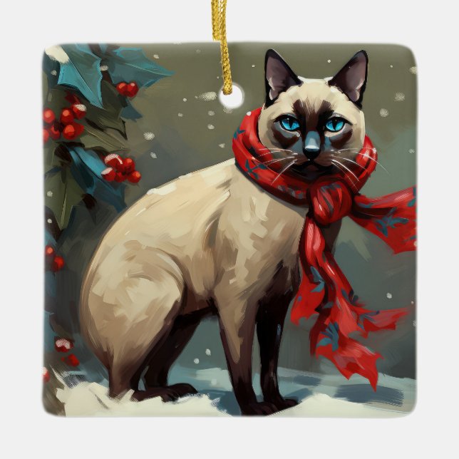 Ornement En Céramique Chat siamois à Noël de neige (Devant)