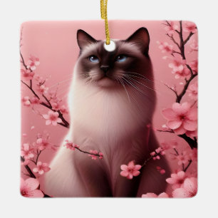 Ornement En Céramique Chat siamois Japonais Cerisier Fleur Fleur rose