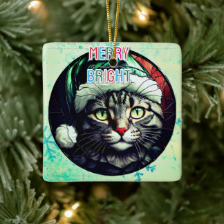 Ornement En Céramique Chat Tigré Gris de Noël en Vitrail avec Chapeau Ve