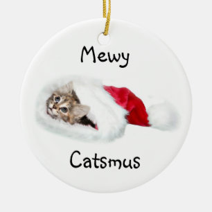 Ornement En Céramique Chaton dans le casquette de Père Noël