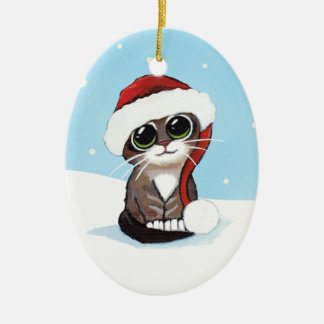 Ornement En Céramique Chaton tigré de Noël dans un casquette de Père