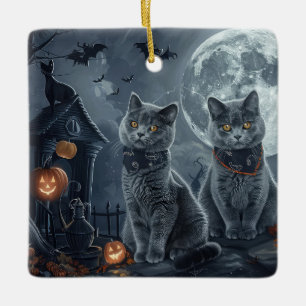 Ornement En Céramique Chats Bleus Russe Halloween Éffrayant