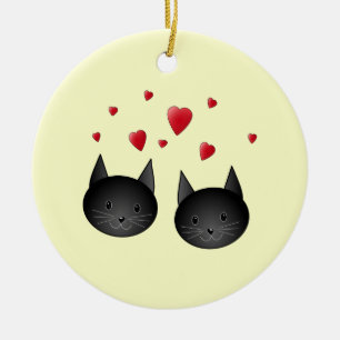 Ornement En Céramique Chats noirs mignons avec des coeurs, sur la crème