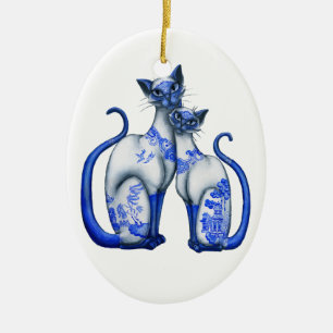 Ornement En Céramique Chats siamois de saule bleu