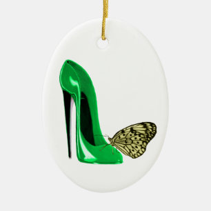 Ornement En Céramique Chaussure stylet et papillon jaune O de vert vert