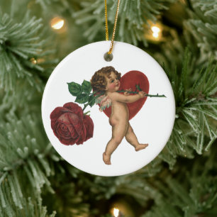 Ornement En Céramique Cherub de la Saint-Valentin vintage et Rose victor