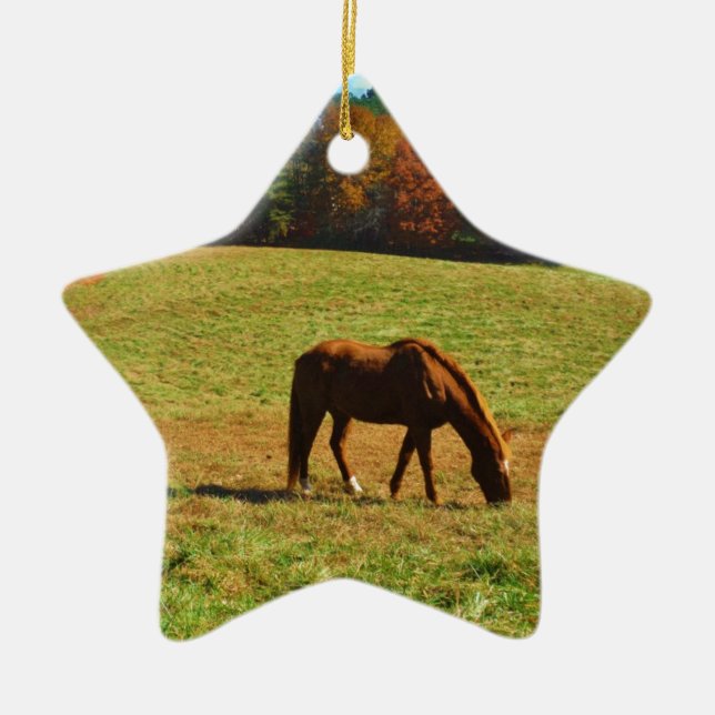 Ornement En Céramique Cheval Brown rouge dans les arbres d'automne (Devant)