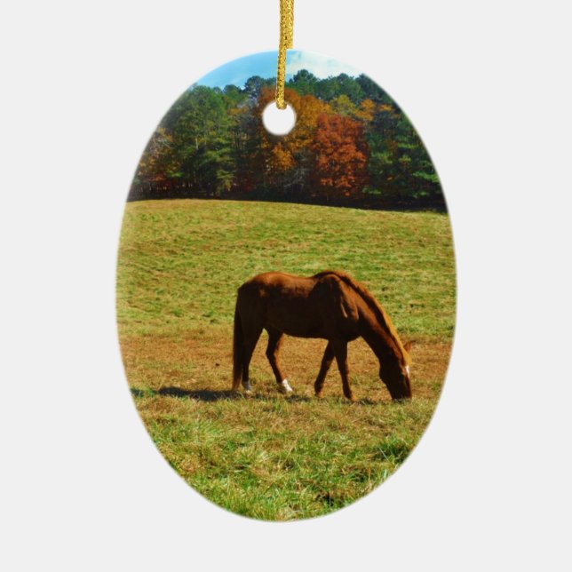 Ornement En Céramique Cheval Brown rouge dans les arbres d'automne (Devant)
