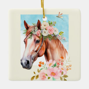 Ornement En Céramique Cheval d'aquarelle et fleurs double face