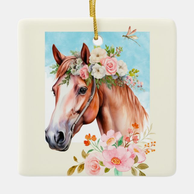 Ornement En Céramique Cheval d'aquarelle et fleurs double face (Devant)
