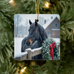 Ornement En Céramique Cheval de Noël avec couronne
