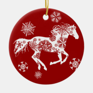 Ornement En Céramique Cheval de Noël des flocons rouges et blancs