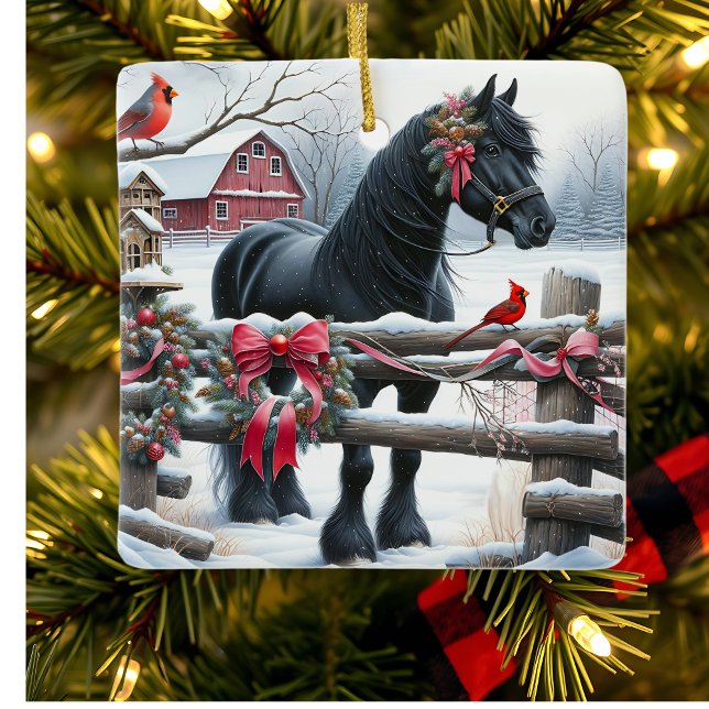 Ornement En Céramique Cheval Noir Festif et Noël Cardinal (Créateur téléchargé)