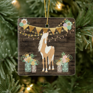 Ornement En Céramique Cheval personnalisé et fleurs Noël rustique