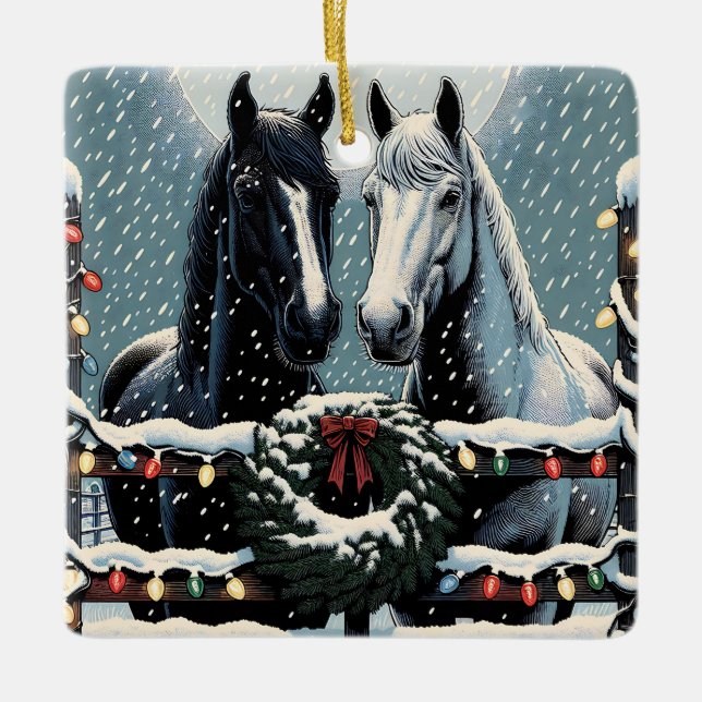 Ornement En Céramique Chevaux de fête | Joyeux Noël (Devant)
