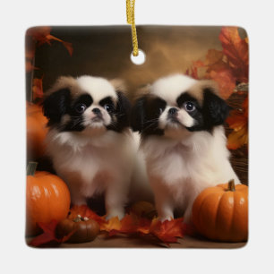 Ornement En Céramique Chi Japonais Puppy Autumn Delight Citrouille