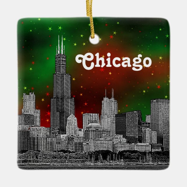 Ornement En Céramique Chicago Skyline Etched, Green Red Starry Sky Xmas (Devant)