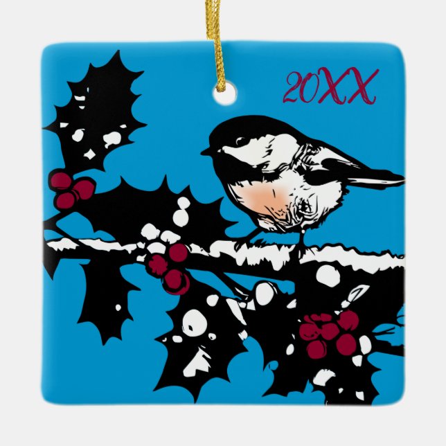 Ornement En Céramique Chickadee d'hiver sur Holly Woodcut Vacances d'hiv (Devant)