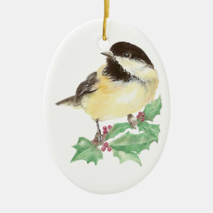 Ornement En Céramique Chickadee mignon de Noël, Oiseau, Faune sainte