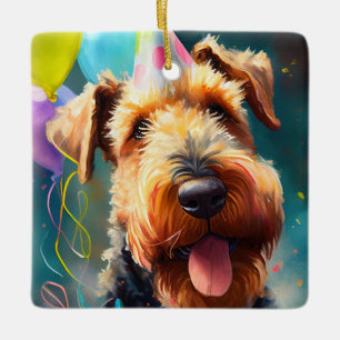 Ornement En Céramique Chien Airedale avec casquette d'anniversaire et ba