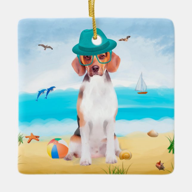 Ornement En Céramique Chien beagle Sur La Plage (Devant)