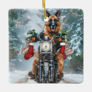 Ornement En Céramique Chien berger allemand équitation moto Noël