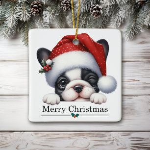 Ornement En Céramique Chien Bouledogue Français Puppy Noël avec Chapeau