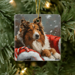 Ornement En Céramique Chien Colley Rough Noël Fêtard