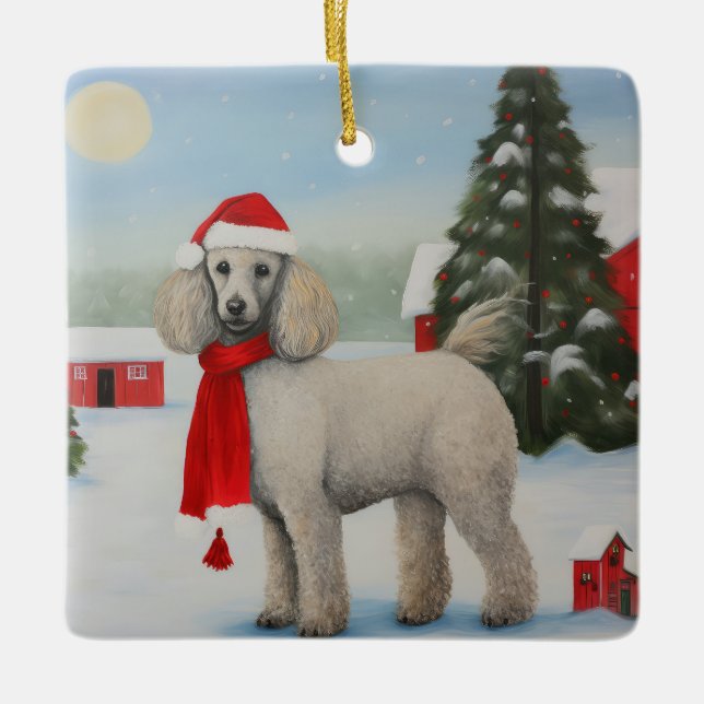 Ornement En Céramique Chien de caniche à Noël de neige (Devant)