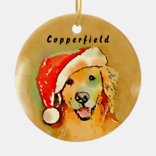 Ornement En Céramique Chien de golden retriever avec l'aquarelle rouge