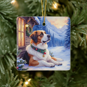 Ornement En Céramique Chien de Saint-Bernard Lodge de montagne enneigé N