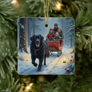 Ornement En Céramique Chien de Terre-Neuve Promenade en Traîneau Noël