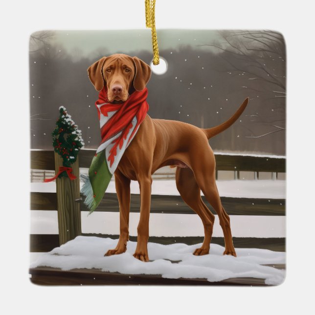 Ornement En Céramique Chien de Vizsla à Noël de neige (Devant)