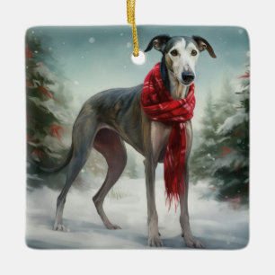 Ornement En Céramique Chien gris à Noël de neige