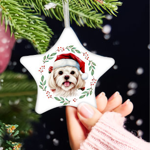 Ornement En Céramique Chien maltais de Noël mignon Personnalisé